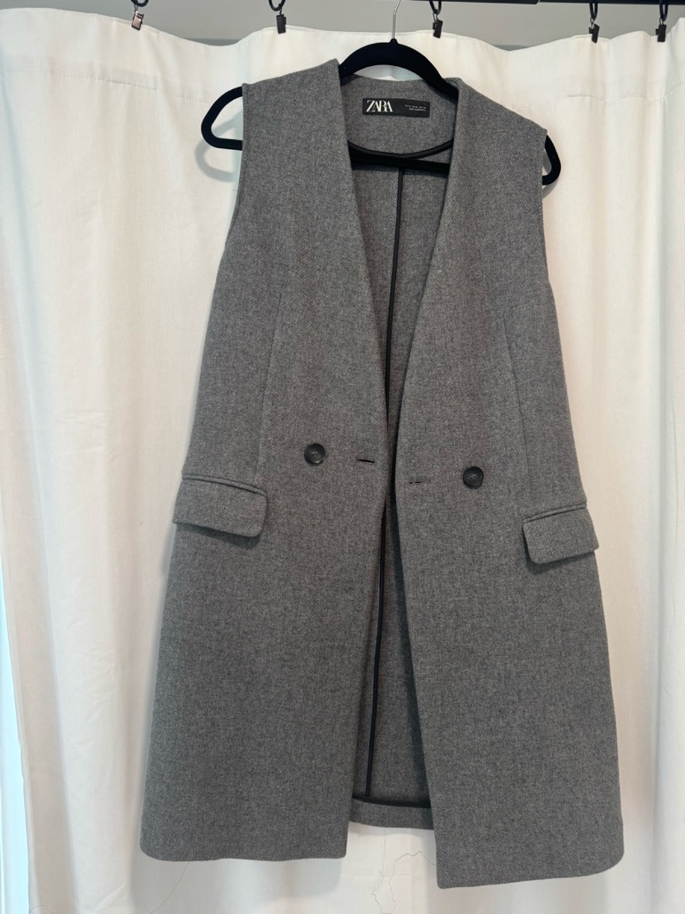 ZARA Grey Wool-Blend Long Vest with Black Trim